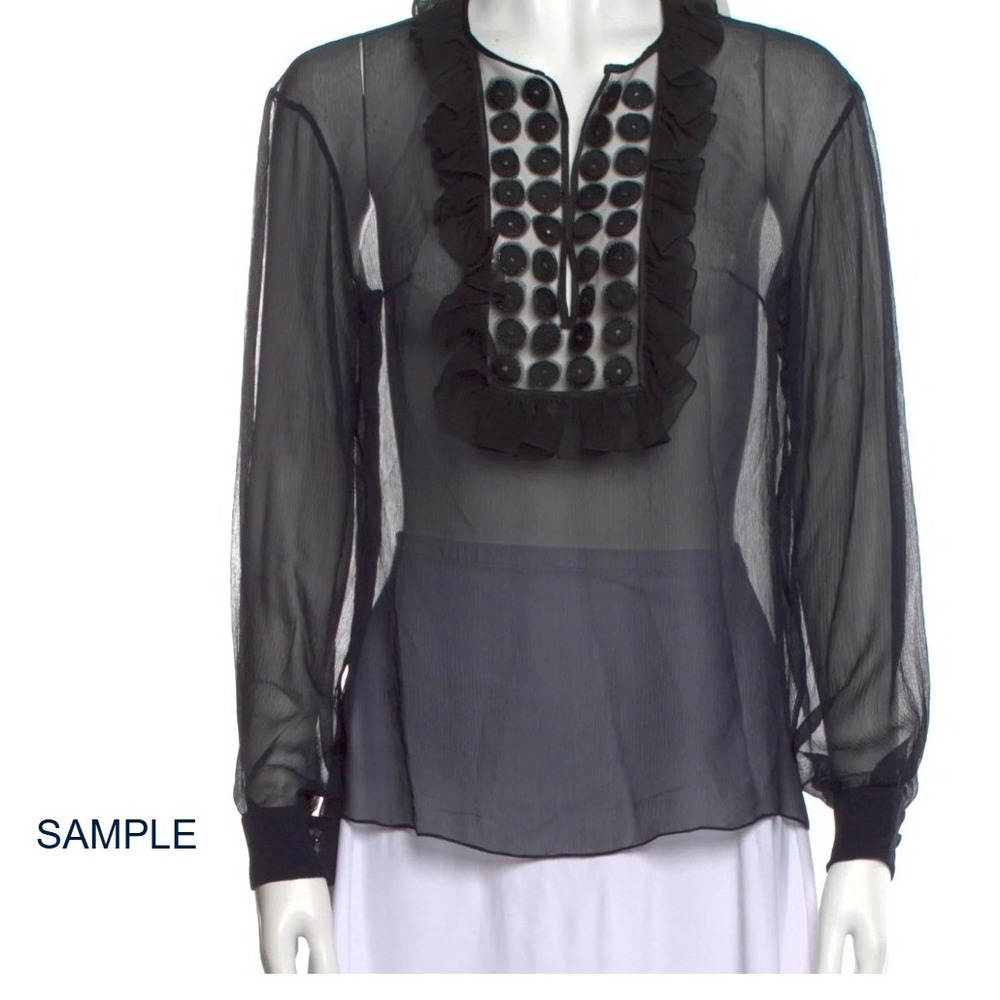 S/M Women's sheer blouse ruffle open collar swiss dot beading cuffed‎ navy blue